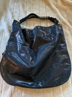 Deux Lux Blue Shiny Faux Snakeskin Shoulder Bag with Gold Chain Detail Large